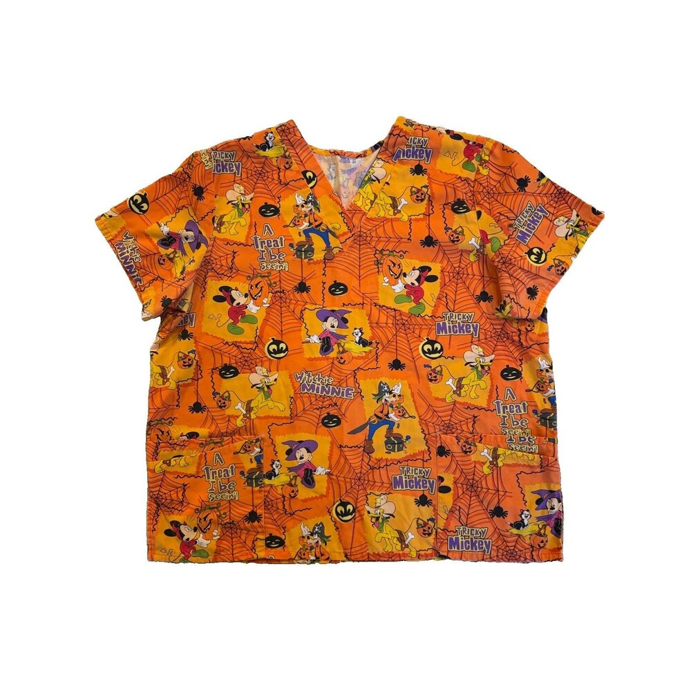 Disney Halloween Scrub Top Mickey Minnie Goofy Pluto Orange Witchie Minnie 2XL